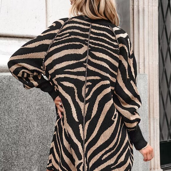 Cupshe Zebra Print Cardigan L NWT | Brown & Black Open Front Longline Sweater - Picture 3 of 6